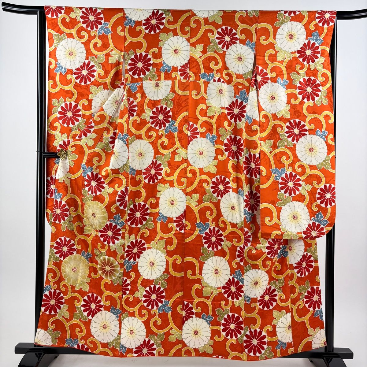 振袖 身丈160cm 裄丈64cm M 袷 菊唐草 地紋 金彩 オレンジ 正絹 秀品