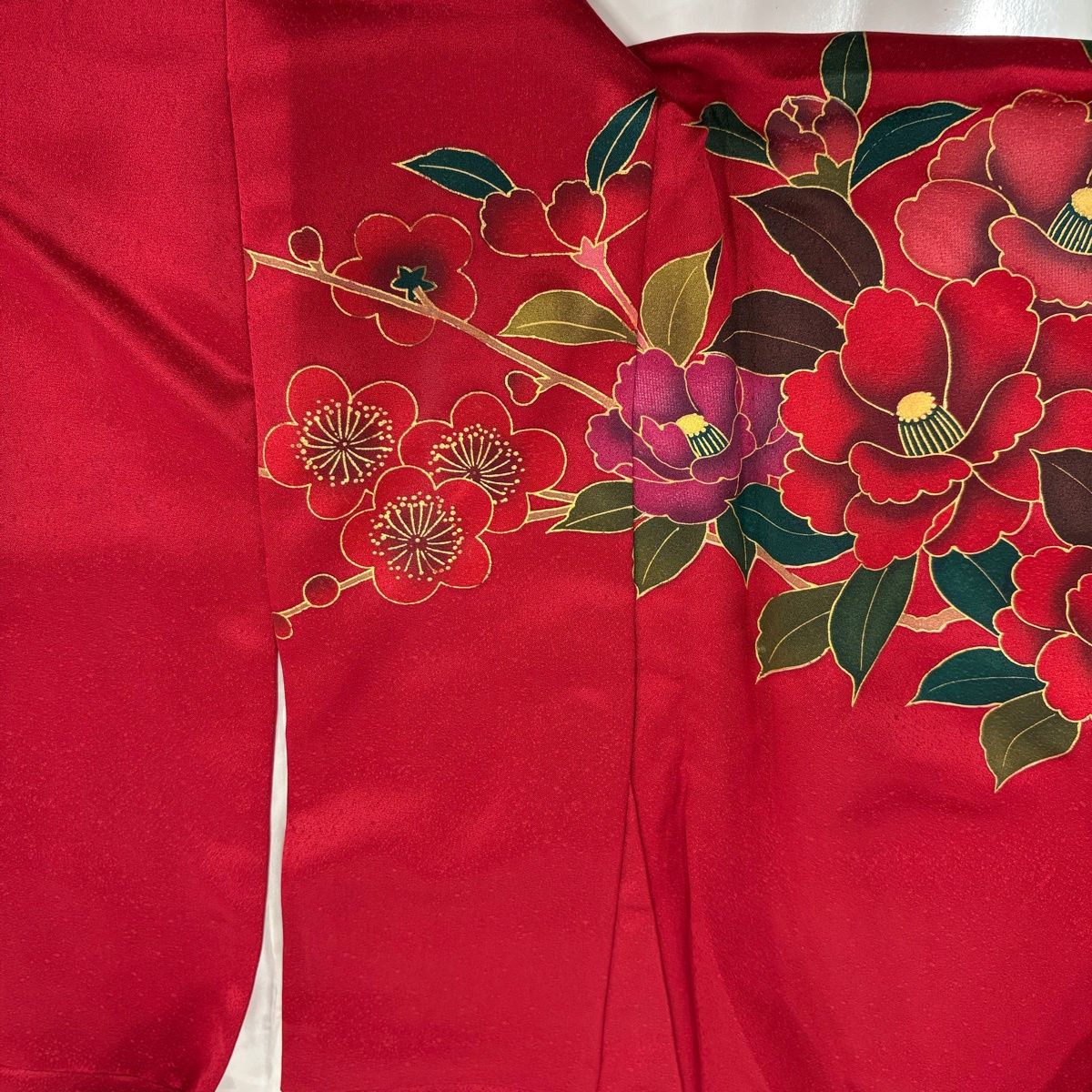振袖フルセット 身丈166裄68 赤 金彩 暈し染め 鈴乃屋 成人式 逸品 美品】 振袖 身丈160cm 裄丈69cm L 袷 鈴乃屋 牡丹 枝梅 金糸 金彩 赤
