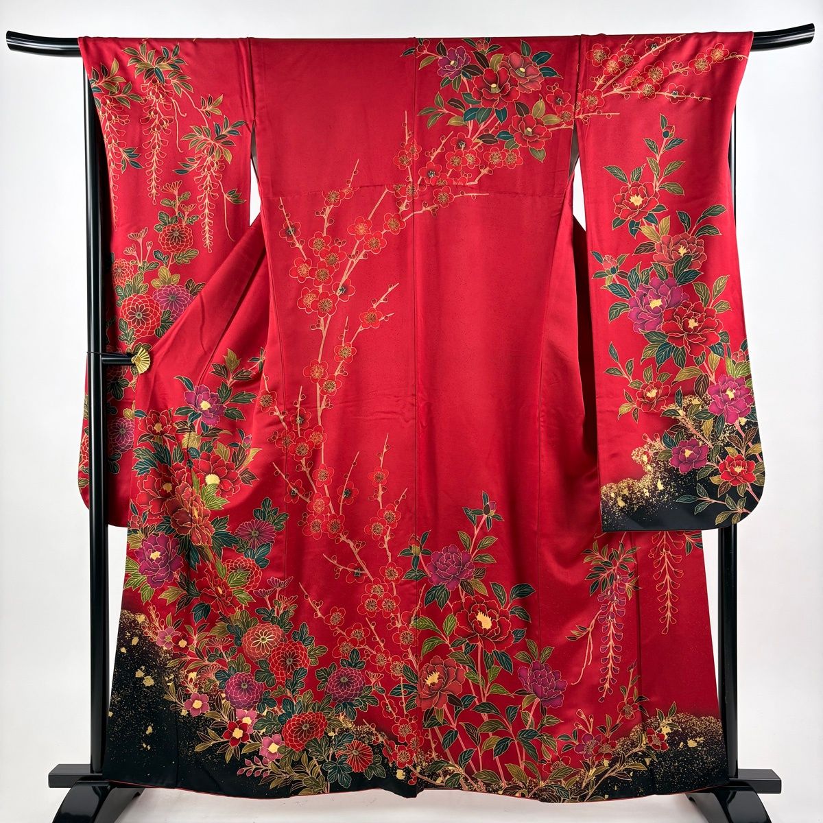 美品】 振袖 身丈160cm 裄丈69cm L 袷 鈴乃屋 牡丹 枝梅 金糸 金彩 赤