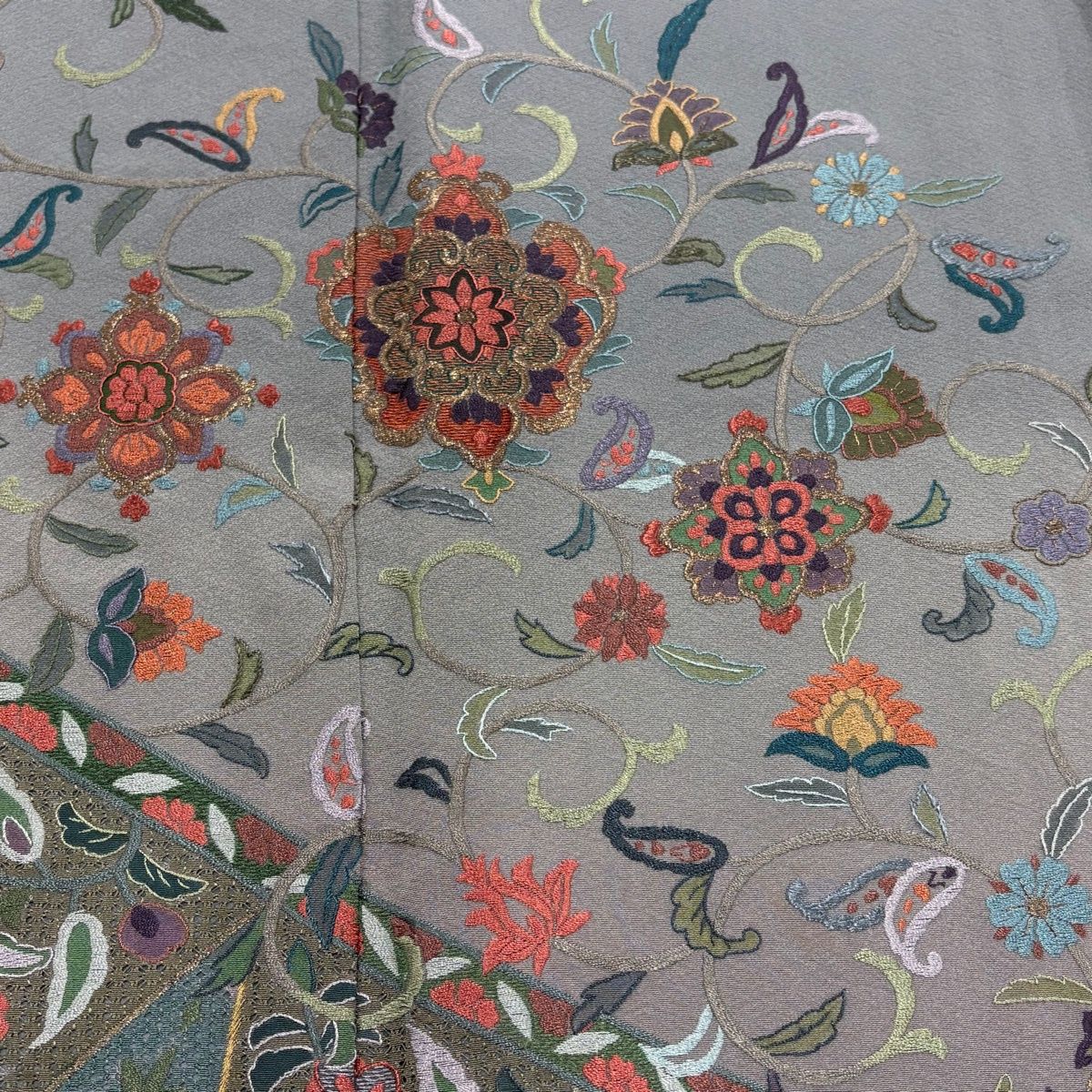 訪問着 着物 中古 正絹 袷 フォーマル 蘇州刺繍 中国刺繍 花紋 華文 金糸 銀煤竹色 多色 身丈158cm 裄62.5cm M きもの北條 A1101-4 訪問着 着物 中古 正絹 袷 フォーマル 蘇州刺繍 中国刺繍 花紋 華文