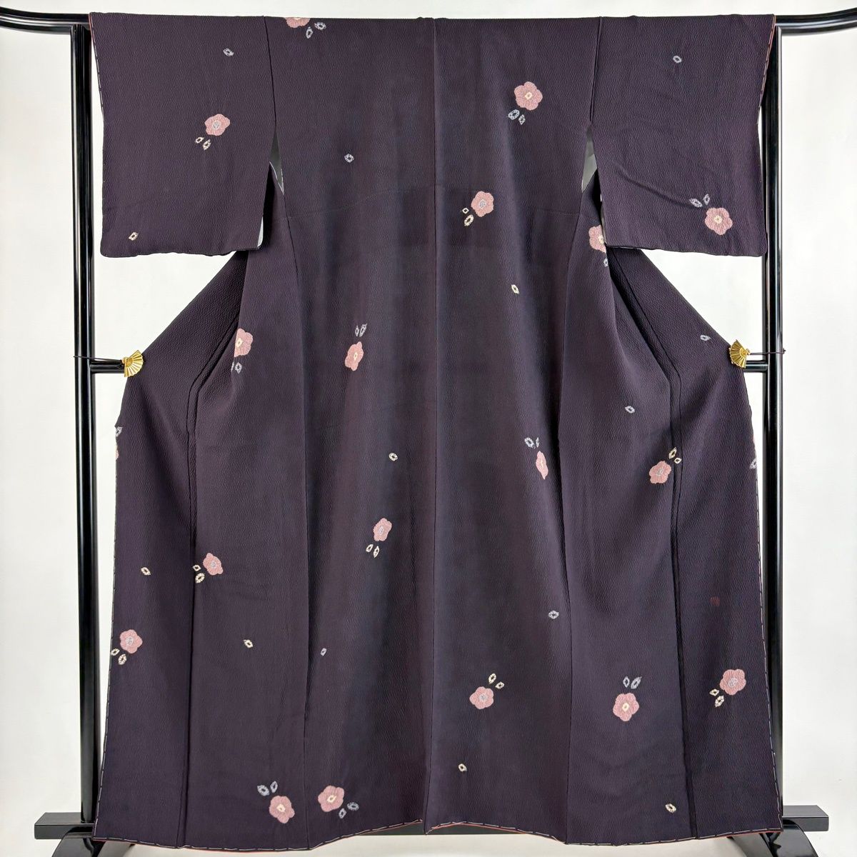 小紋 身丈161cm 裄丈65cm M 袷 落款 梅 絞り 濃紫 正絹 秀品 【中古