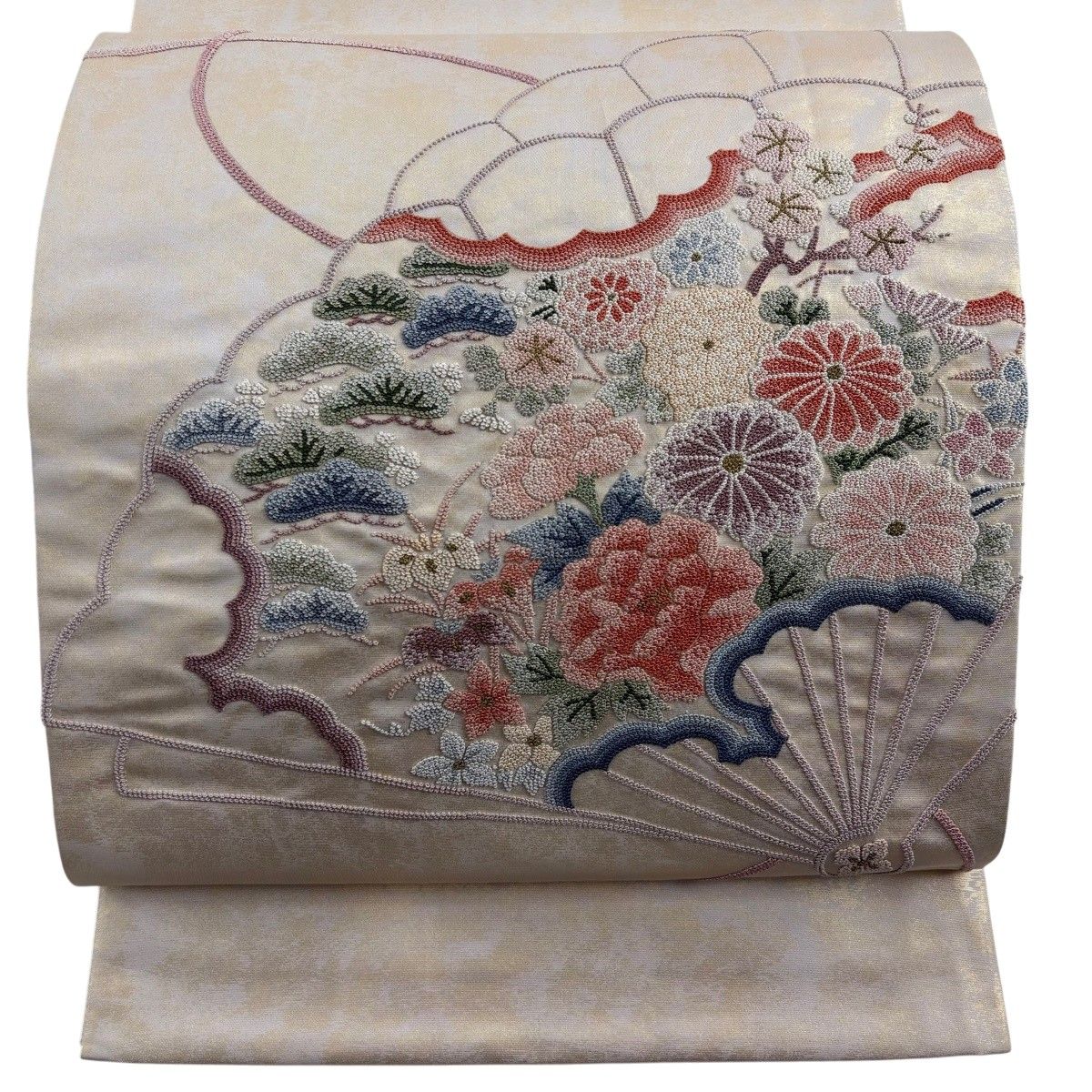 袋帯 秀品 檜扇 草花 相良刺繍 金糸 薄ピンク お太鼓柄 正絹 【中古