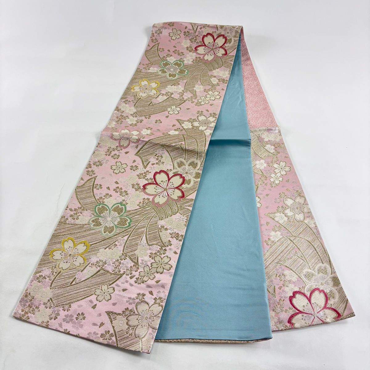 美品】 袋帯 秀品 桜 束ね熨斗 金糸 箔 ピンク 六通 正絹 【中古