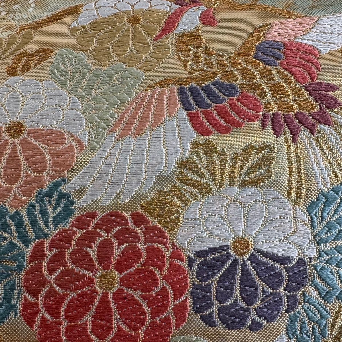 六通柄袋帯 花柄 鳳凰刺繍 ベージュ系 六通柄袋帯 花柄 鳳凰刺繍 ベージュ系