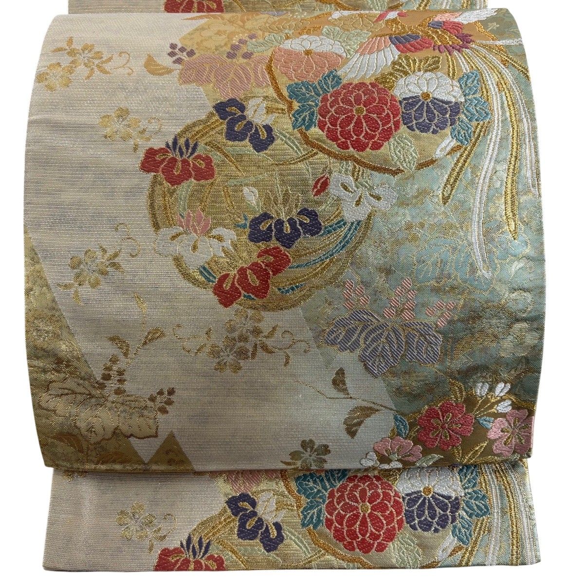 六通柄袋帯 花柄 鳳凰刺繍 ベージュ系 六通柄袋帯 花柄 鳳凰刺繍 ベージュ系