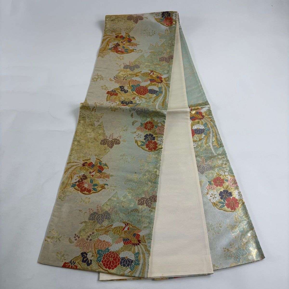 六通柄袋帯 花柄 鳳凰刺繍 ベージュ系 袋帯 秀品 桐竹鳳凰 菱 刺繍 金銀糸 金茶 六通 正絹 中古 : リユース