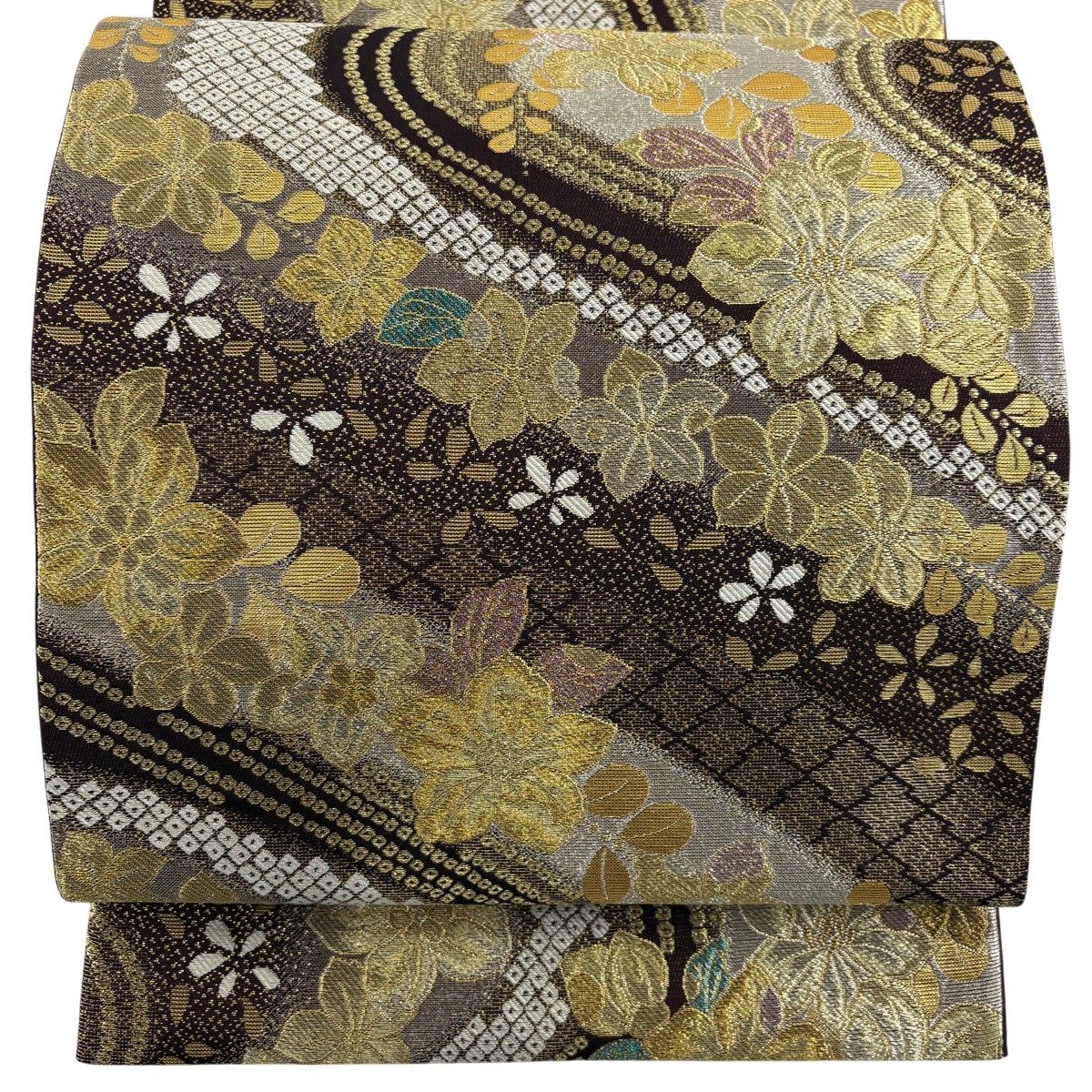 お見分け済　美品　正絹袷　染疋田　小紋　袋帯 美品】 袋帯 秀品 草花 疋田 金銀糸 箔 茶色 六通 正絹 【中古