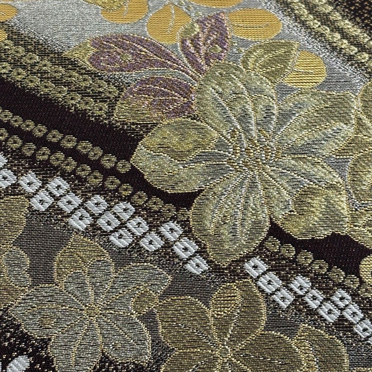 美品】 袋帯 秀品 草花 疋田 金銀糸 箔 茶色 六通 正絹 【中古