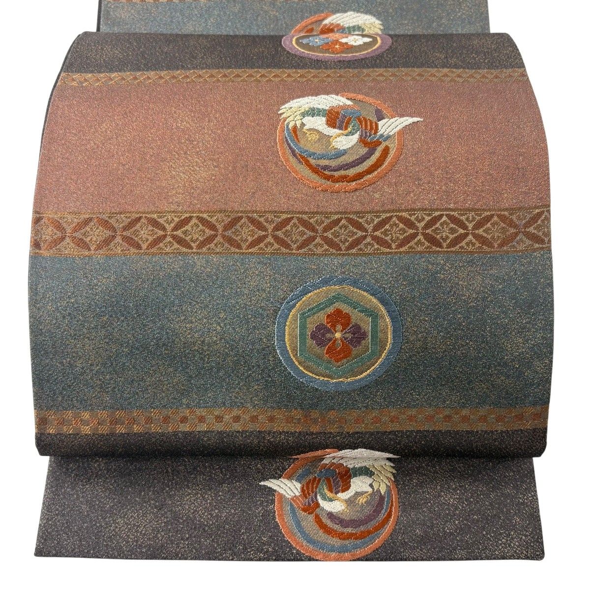 美品】 袋帯 秀品 文尽し鳳凰模様 花菱 唐織 金糸 灰紫 六通 正絹