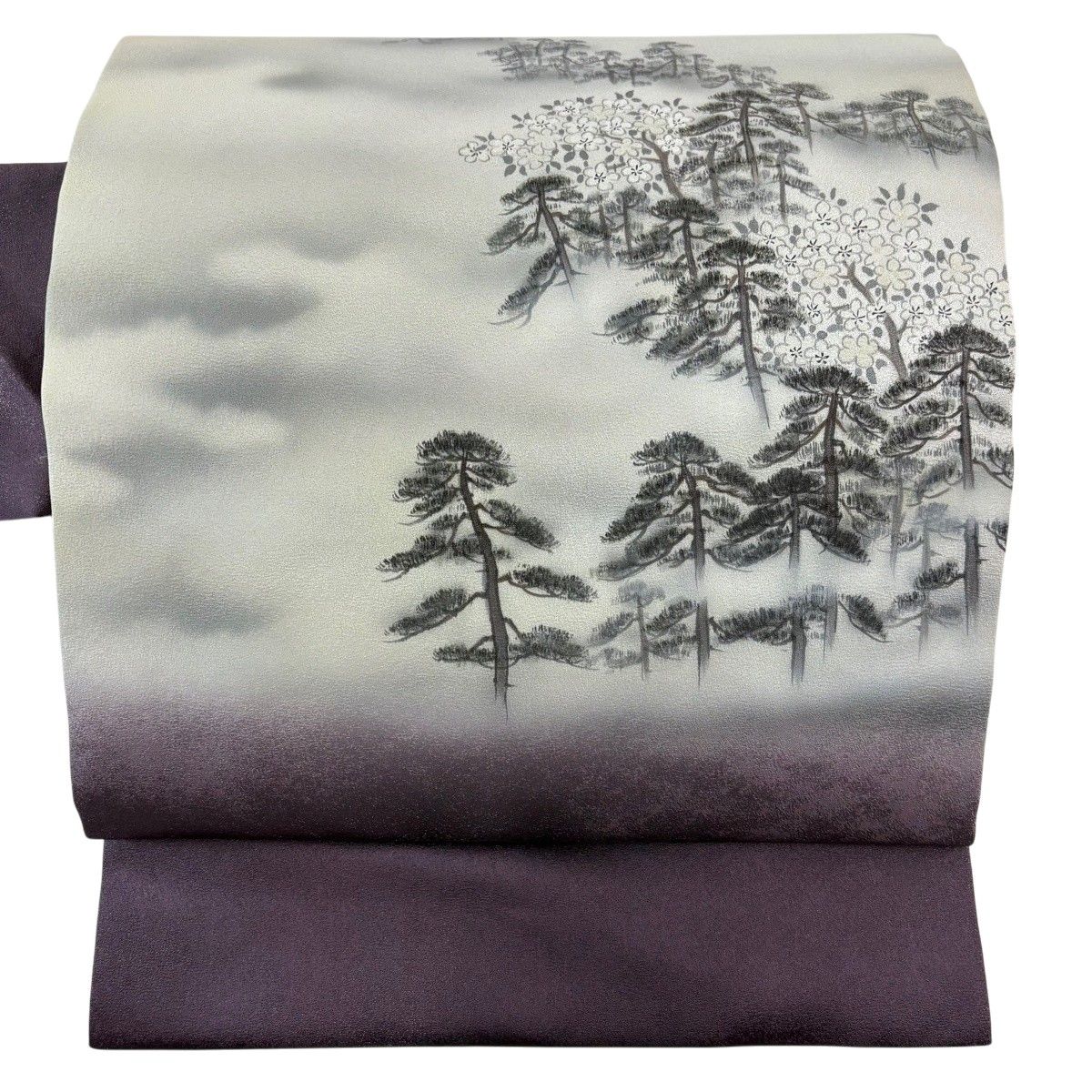 美品】 名古屋帯 逸品 樹木 枝花 銀通し ラメ彩 灰紫 正絹 【中古
