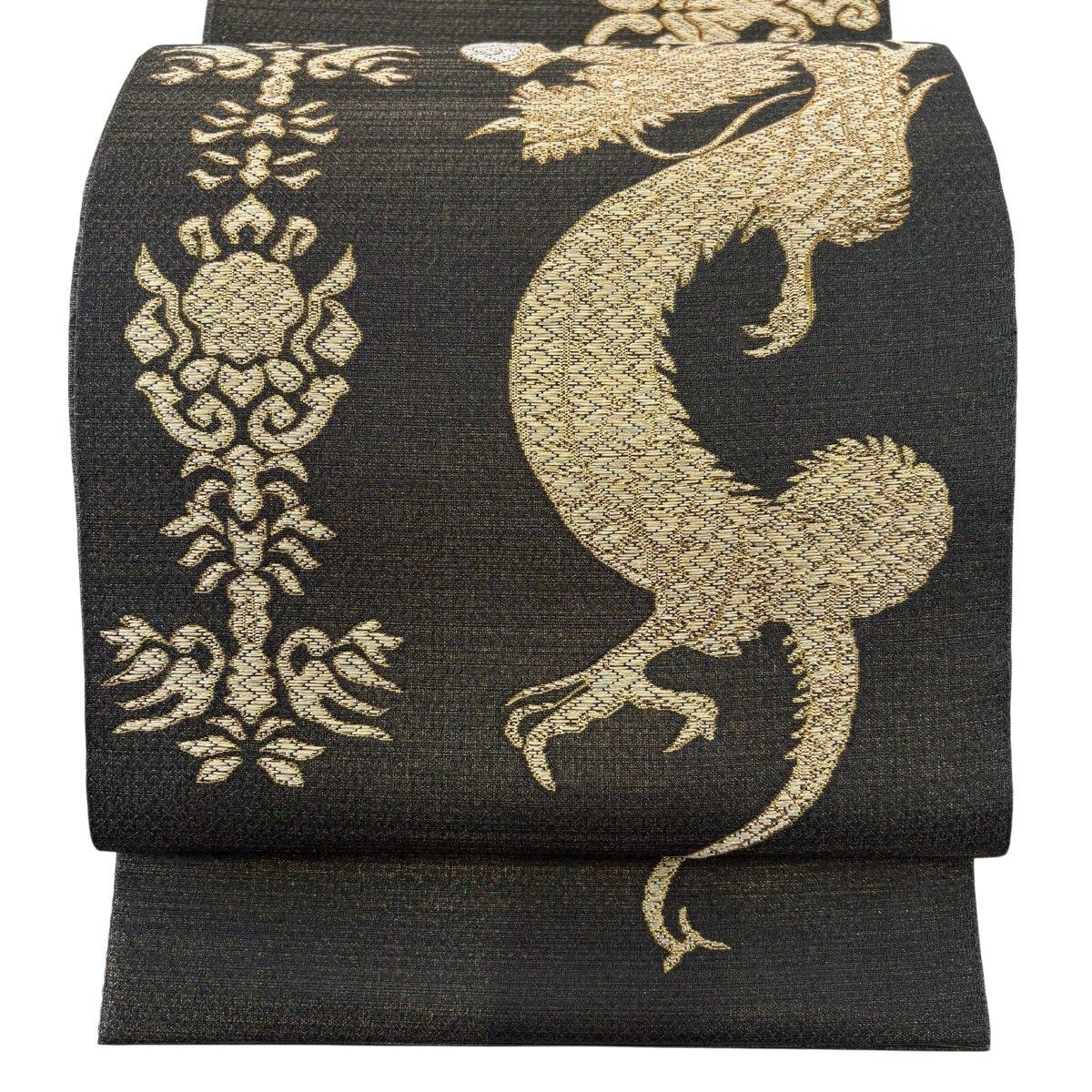 美品】 袋帯 逸品 龍 草花 箔 金糸 深緑 お太鼓柄 正絹 【中古