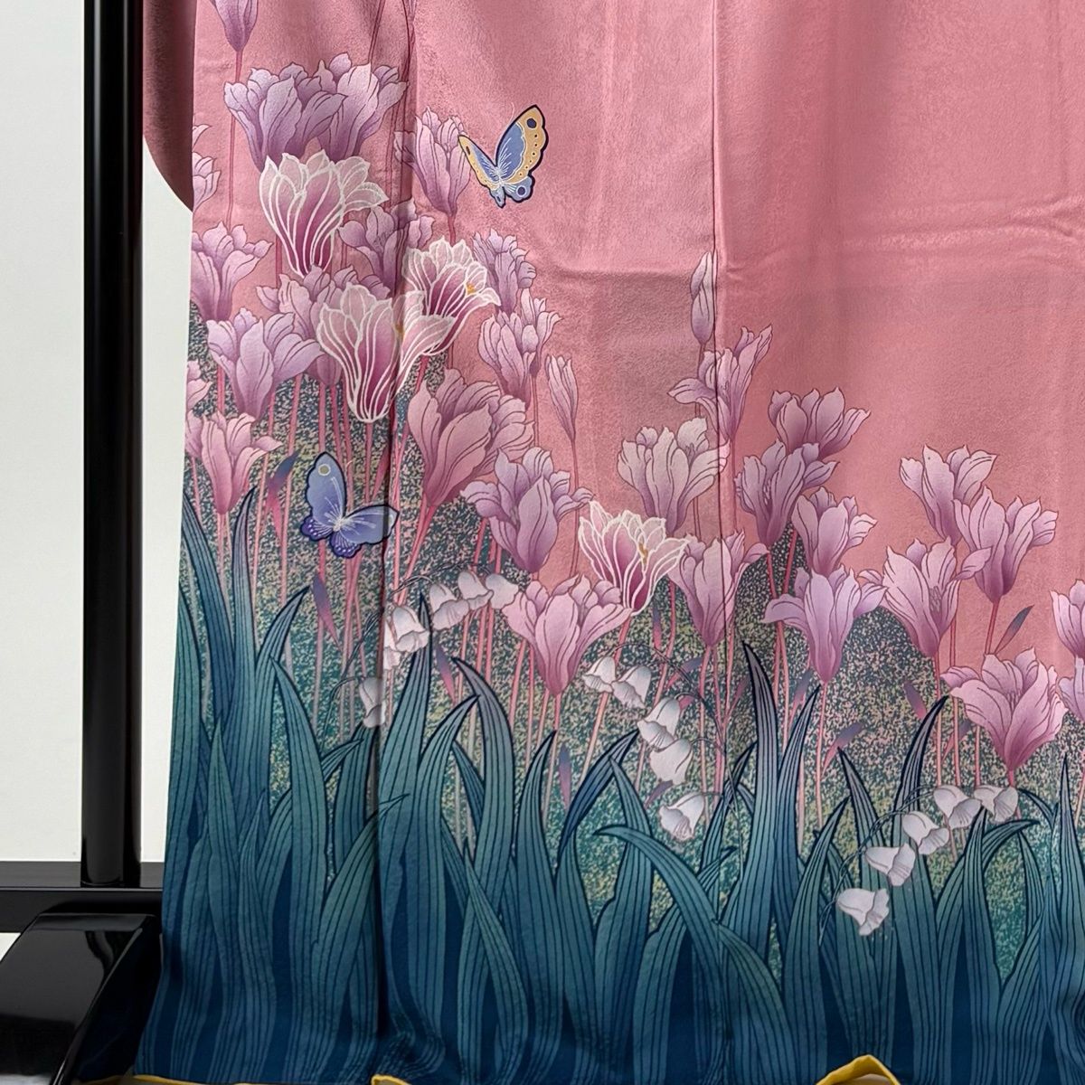 振袖 身丈173cm 裄丈68cm L 袷 袋帯フルセット 蝶 草花 ピンク 正絹 秀