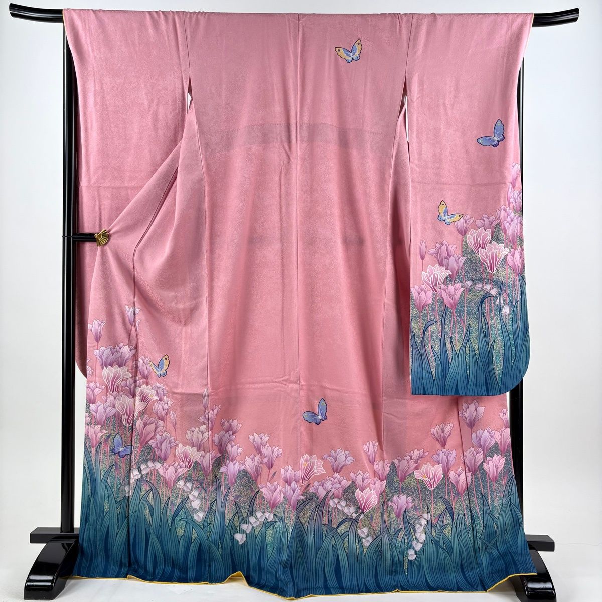 振袖 身丈173cm 裄丈68cm L 袷 袋帯フルセット 蝶 草花 ピンク 正絹 秀