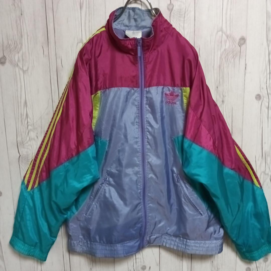 【90s 古着】アディダス 刺繍 希少 ナイロンジャケット マルチピンク L adidas アディダス ナイロンジャケット マルチカラー メンズM 古着 万