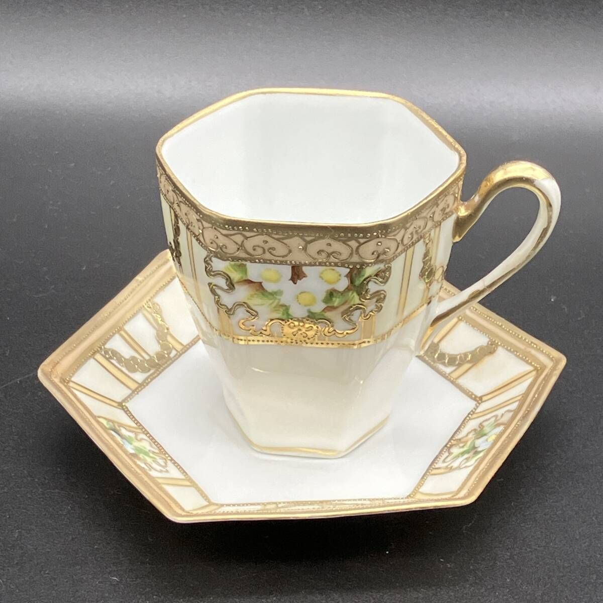 オールドノリタケ 6角形 マルキ印 花草柄 金彩 金盛 キャビネット 1911