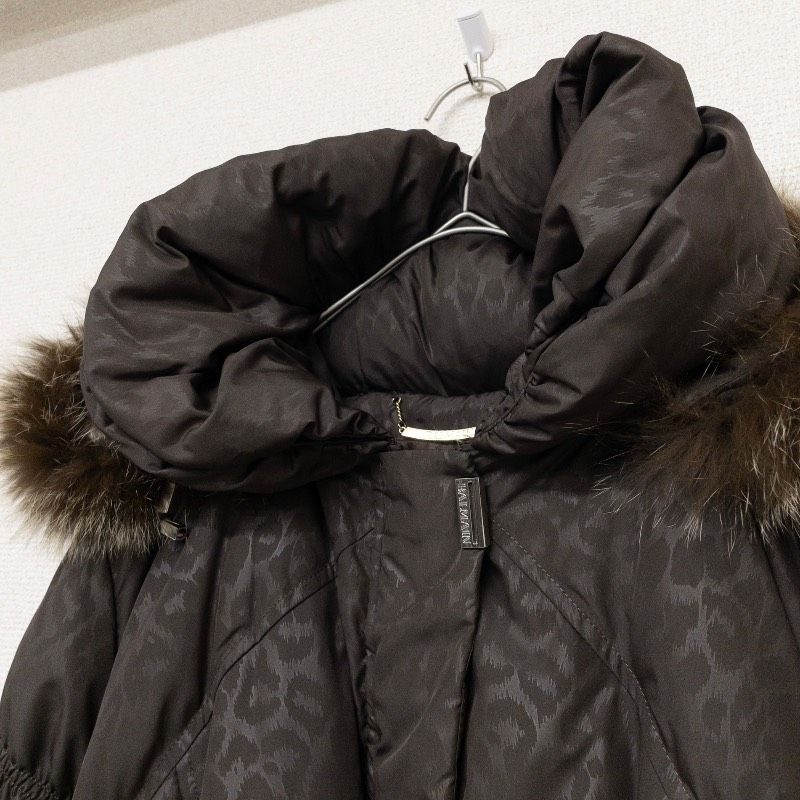 BALMAIN ブラウンファーコート BALMAIN バルマン ダウンコート ベルト フード ファー レオパード 総柄