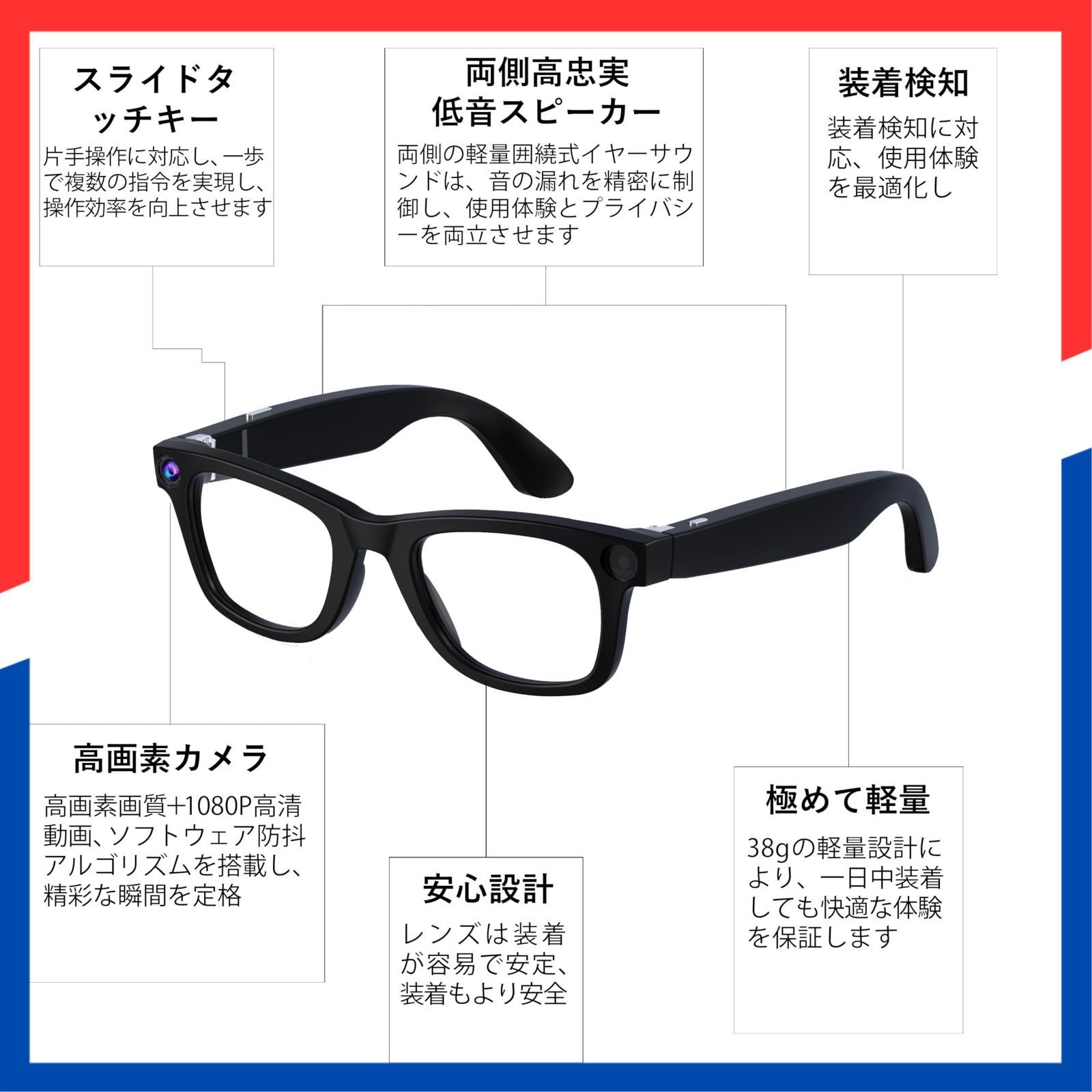 在庫処分】AI スマートグラス 800 万画素カメラ・3000万画素画像 