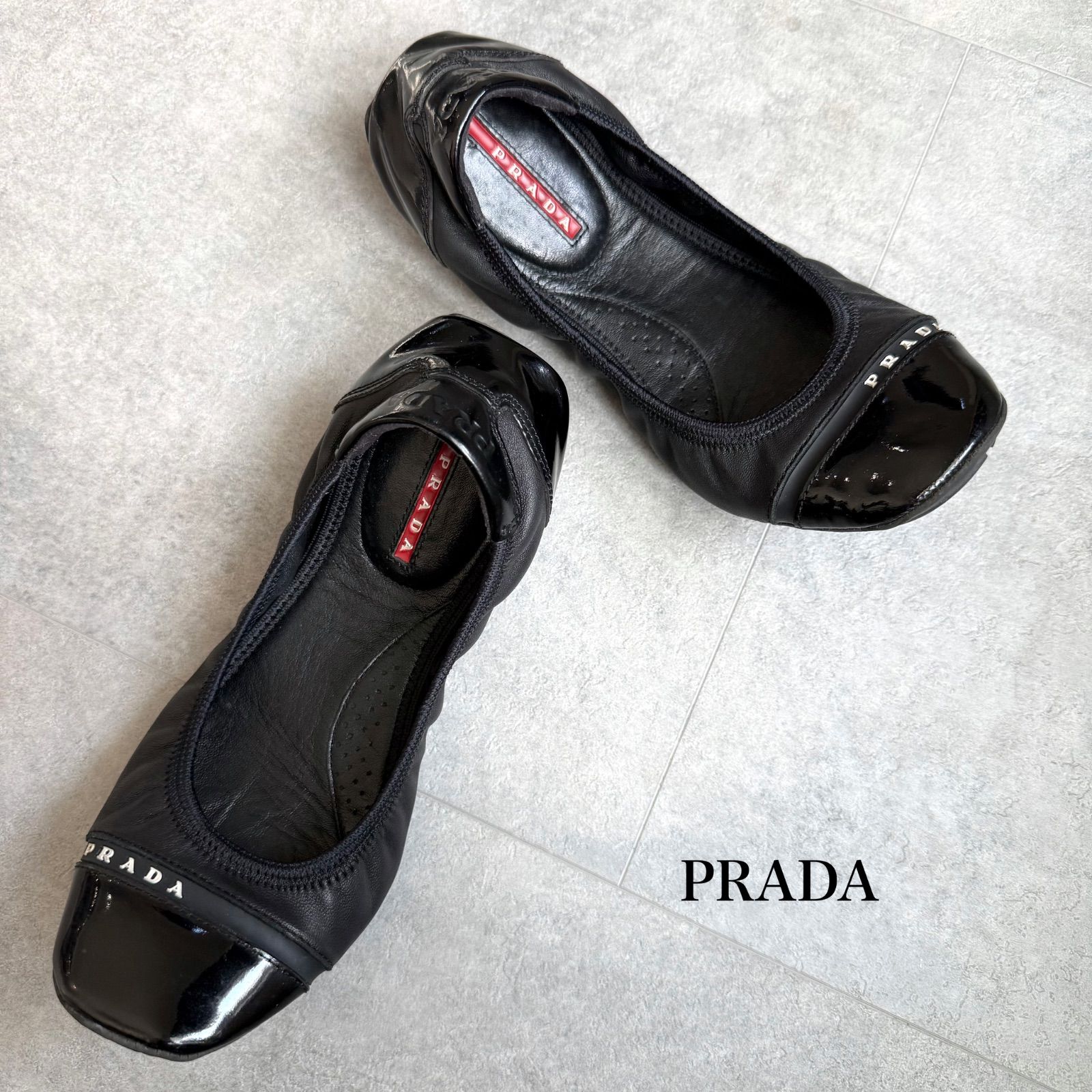 美品 PRADA プラダ ロゴ バレエシューズ フラットシューズ ラムレザー 