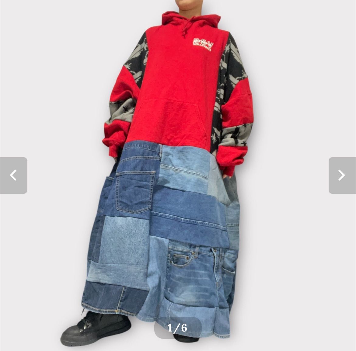 リメイク古着 古着 ﾊﾟｯﾁﾜｰｸﾜﾝﾋﾟｰｽ ロングワンピース 裏起毛 デニム