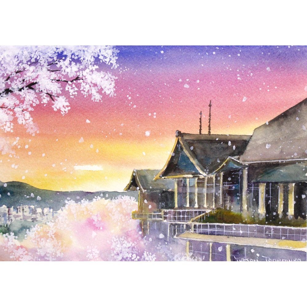 原画）京都・清水寺と桜が見える風景【A5サイズ／水彩画／#3032
