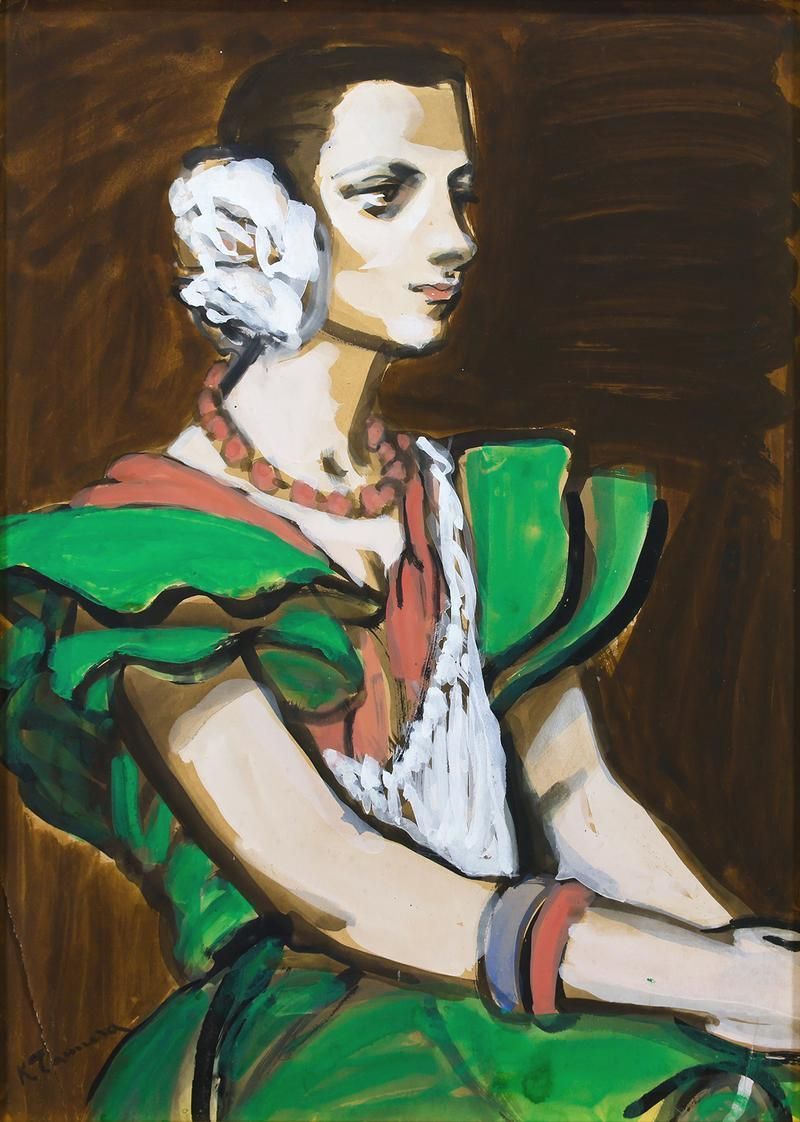 真作】【WISH】田村孝之介「セニョリータ」水彩 10号 証明シール ◇緑