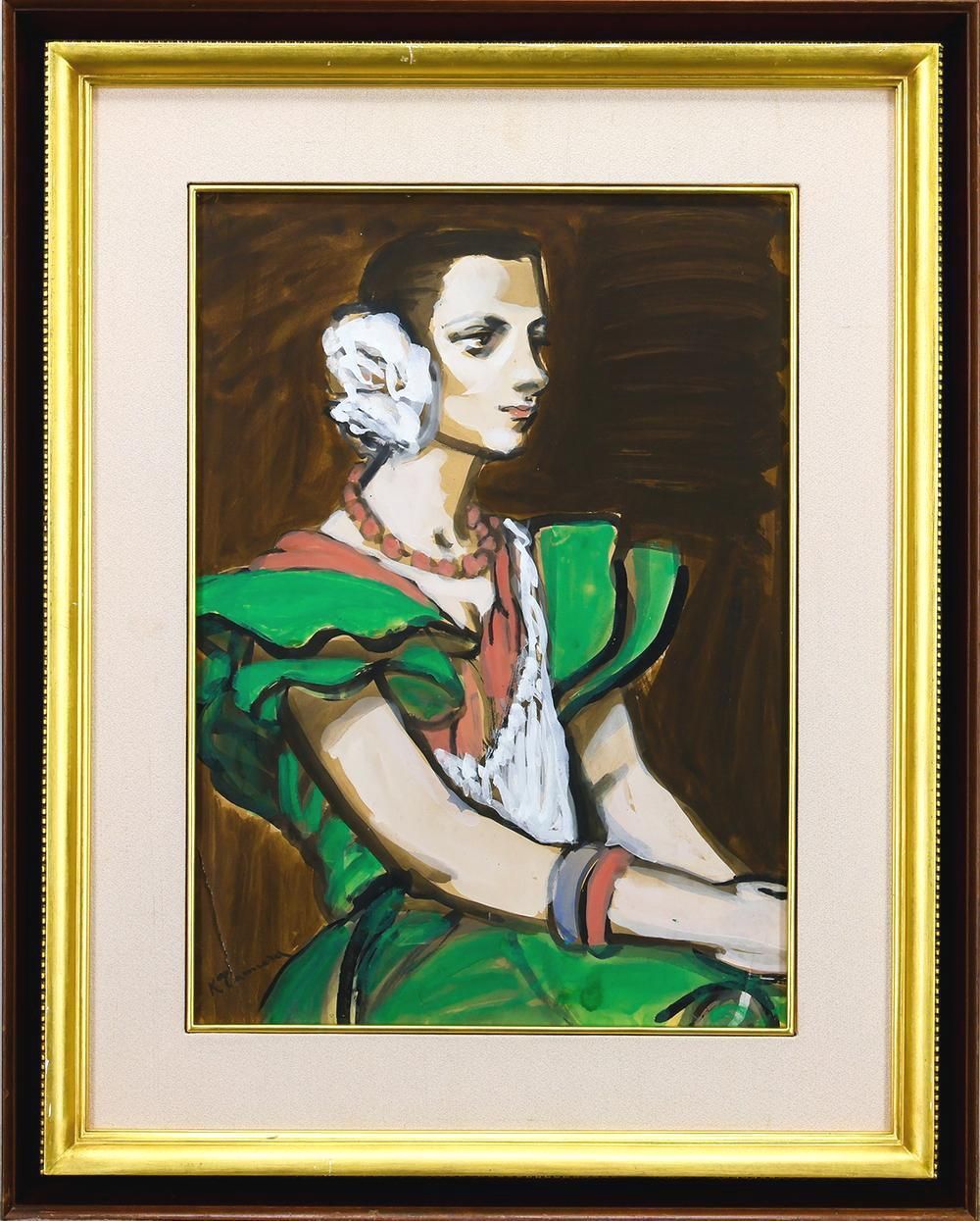 真作】【WISH】田村孝之介「セニョリータ」水彩 10号 証明シール ◇緑