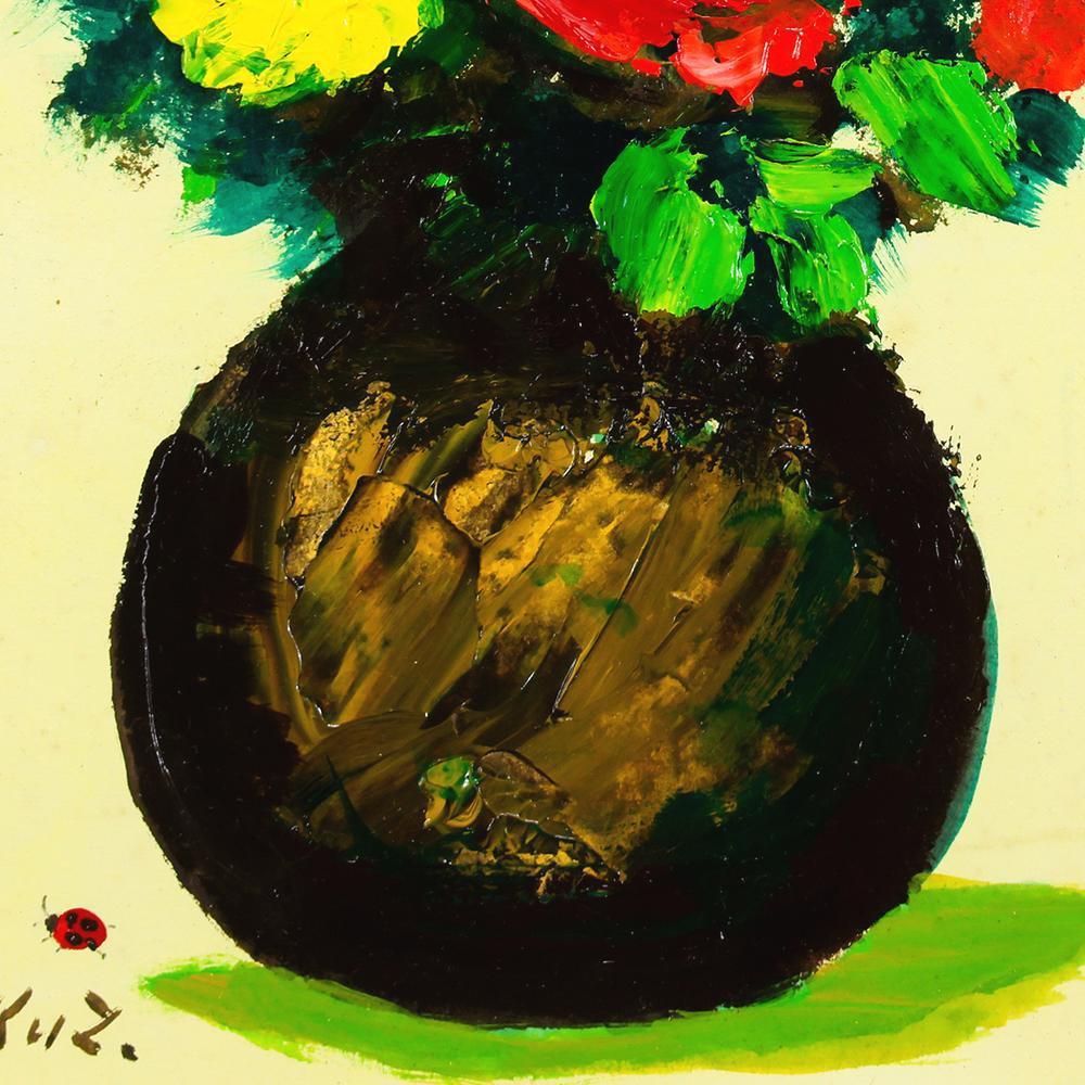 真作】【WISH】福沢一郎 紙に油彩 4号 ◇力強く咲き誇る花瓶の花 〇