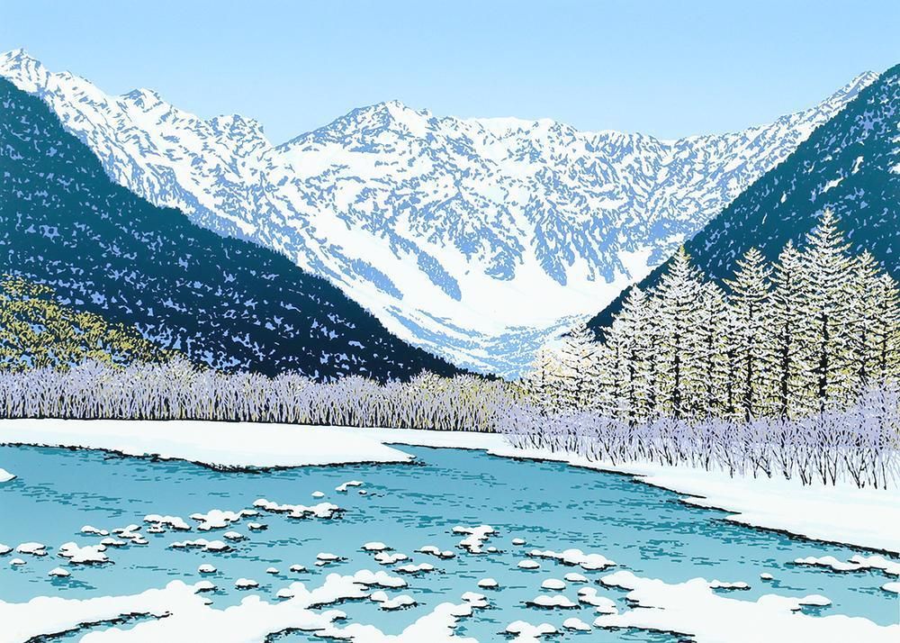 真作】【WISH】小暮真望「雪陽 穂高連峰」シルクスクリーン 直筆サイン