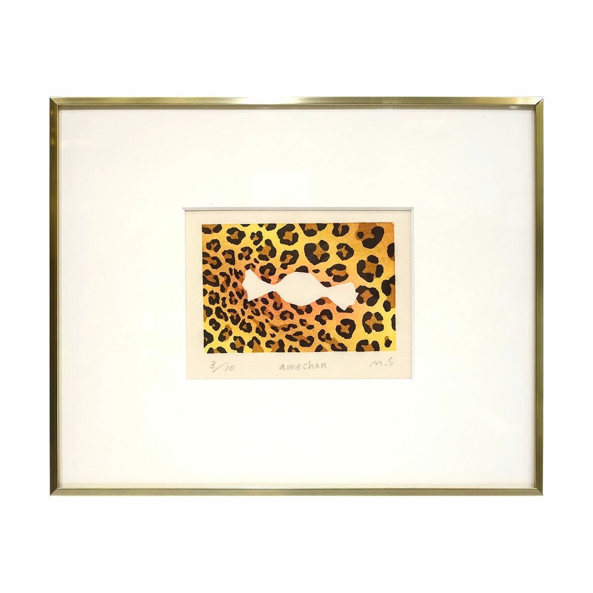 木版画 宮本承司 『Amechan』 額付き 小さな絵画 飴ちゃん ヒョウ柄