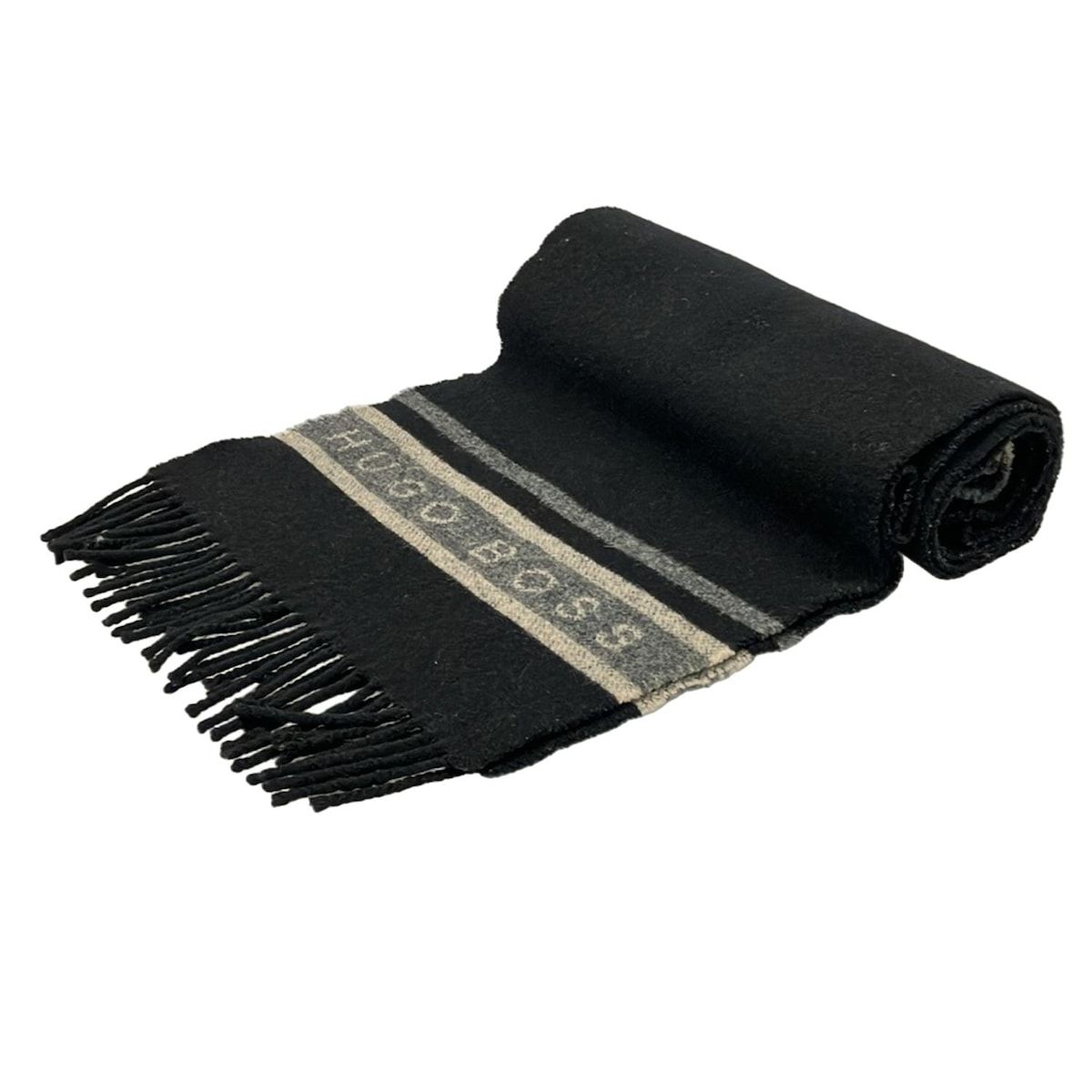 HUGOBOSS(ヒューゴボス) マフラー - 黒×グレー×ベージュ フリンジ