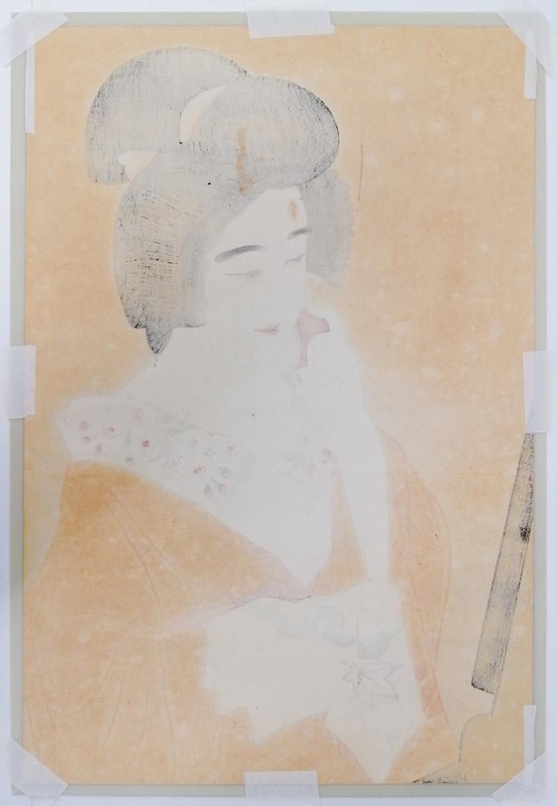 真作 美品 1950年代額装◆伊東深水 直筆「茶の湯」和紙 美人画素描 落款有り 真作】【WISH】伊東深水「化粧美人」木版画 6号大 昭和10年 勝村版 〇