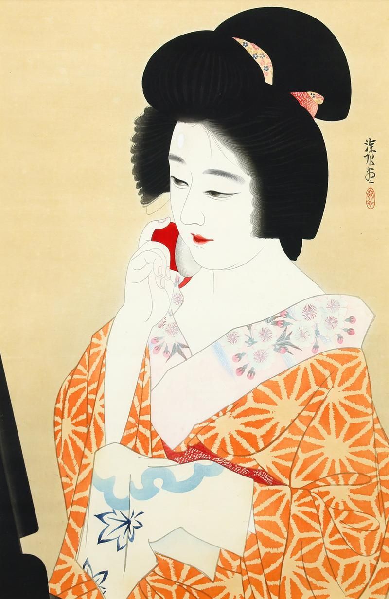 真作】【WISH】伊東深水「化粧美人」木版画 6号大 昭和10年 勝村版 〇