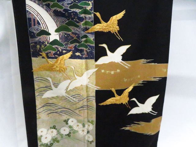 京松】黒留袖 五つ紋 金駒刺繍 鶴 比翼仕立て 正絹 着物 身丈約169.5cm