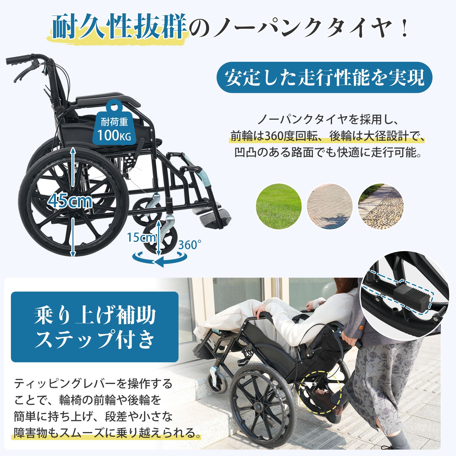 車椅子 車いす 1台2役 自走介助兼用 自立可能 安全ベルト付き 背面