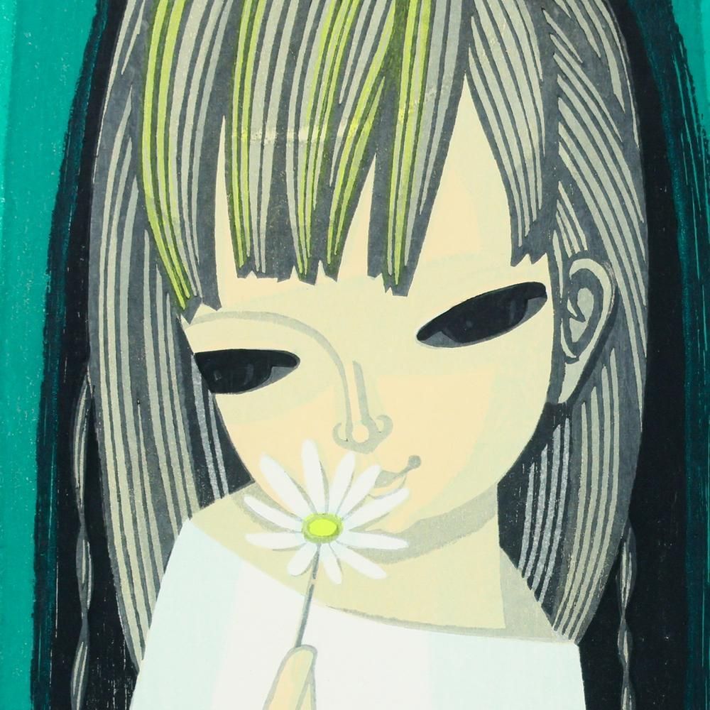 真作】【WISH】池田修三「花篭」木版画 5号 1981年作 直筆サイン 少女