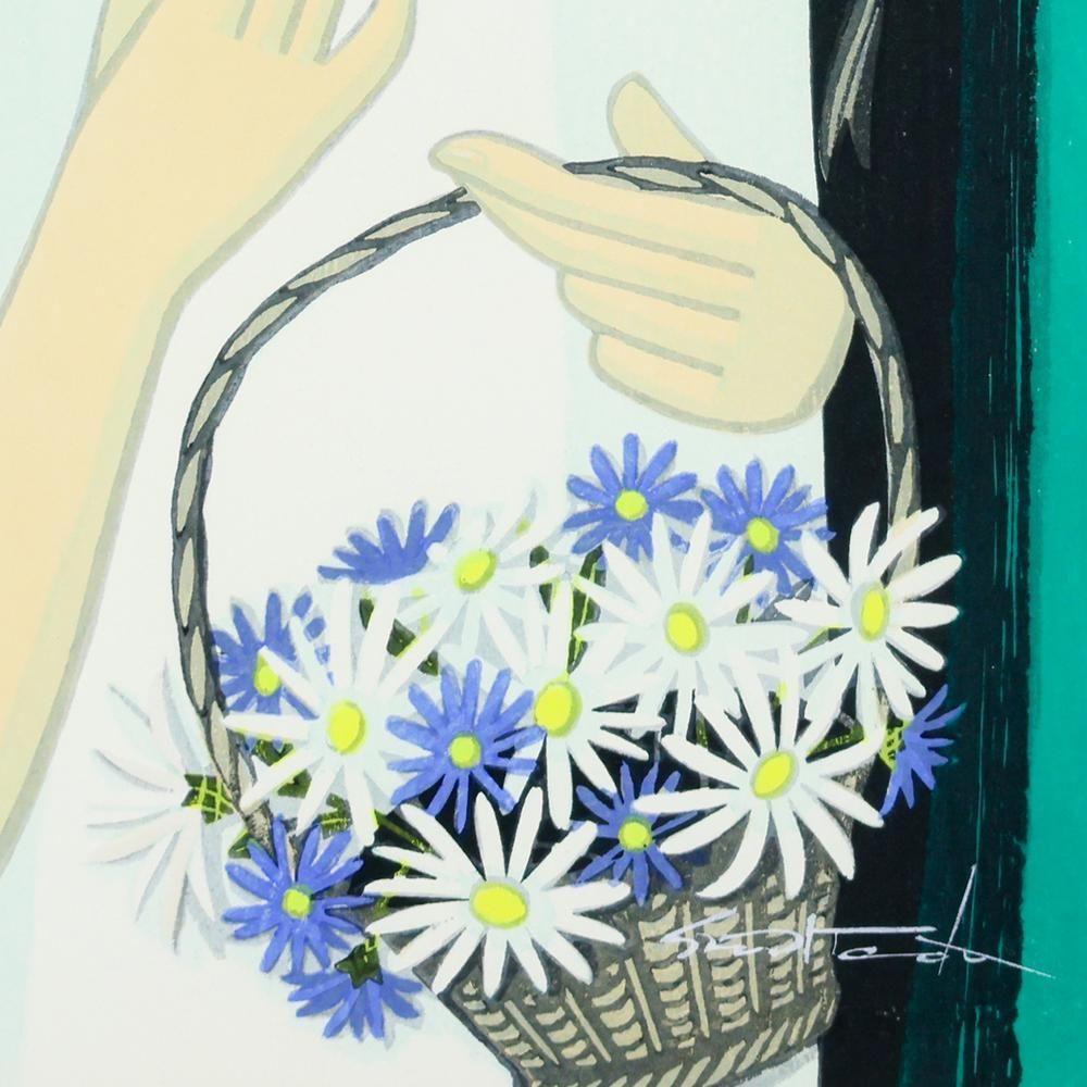 真作】【WISH】池田修三「花篭」木版画 5号 1981年作 直筆サイン 少女