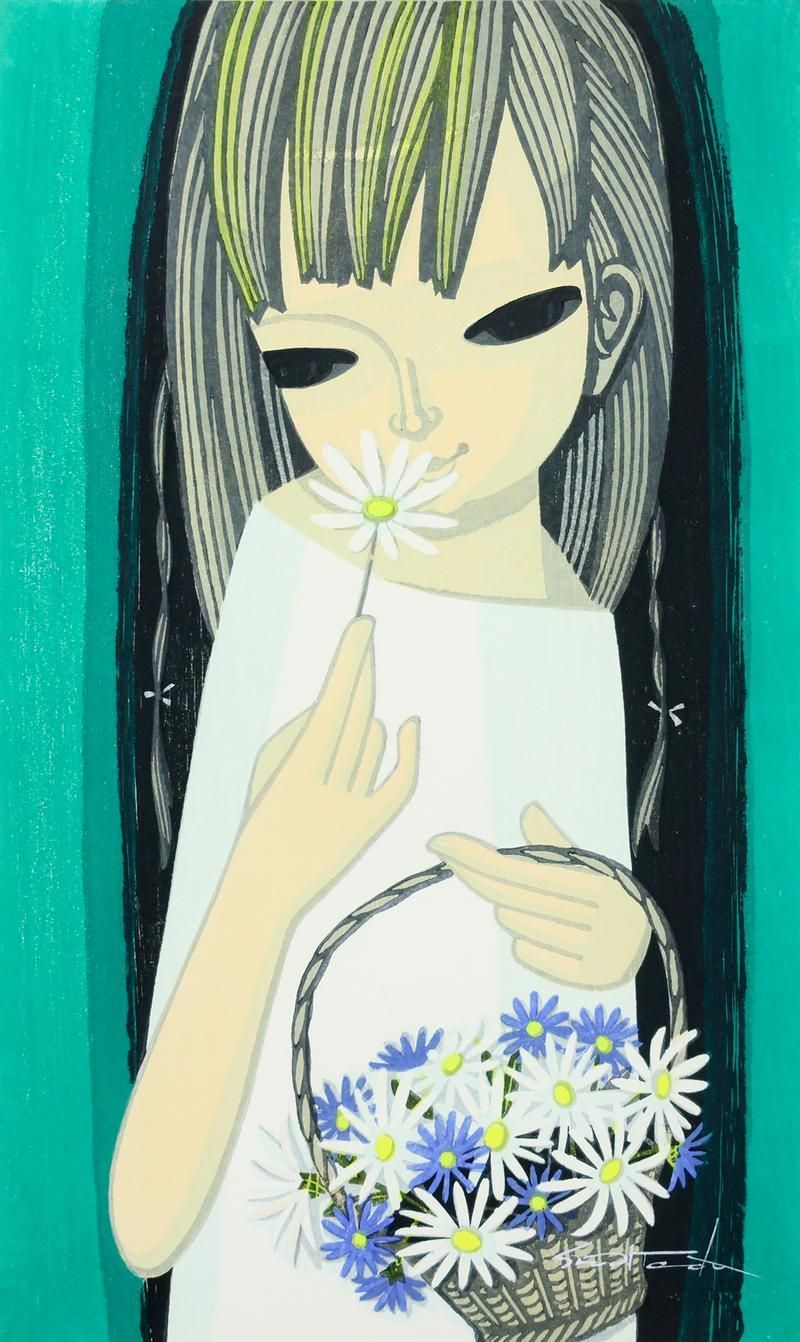 真作】【WISH】池田修三「花篭」木版画 5号 1981年作 直筆サイン 少女