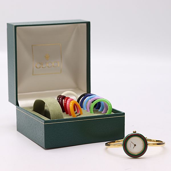 【高騰中】グッチ　チェンジベゼル　クォーツ　箱ベゼル付　美品　レディース 美品 稼働 箱付 グッチ チェンジベゼル QZ ホワイト文字盤 レディース