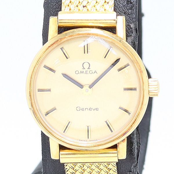 新品同様 稼働 オメガ ジュネーブ 手巻き ゴールド文字盤 レディース