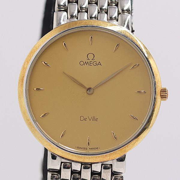 美品 稼働 オメガ デビル SS/GP QZ ゴールド文字盤 メンズ腕時計