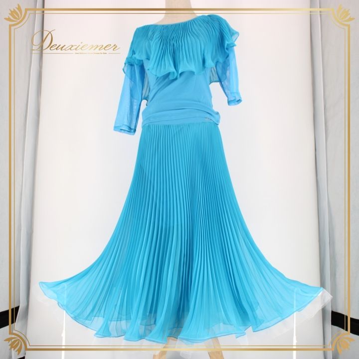 【美品 社交ダンス衣装】上下セット レッスンウェア パーティー U:NA 水色 社交ダンス 衣装 スタンダード 上下セット ツーピース レッスンウェア