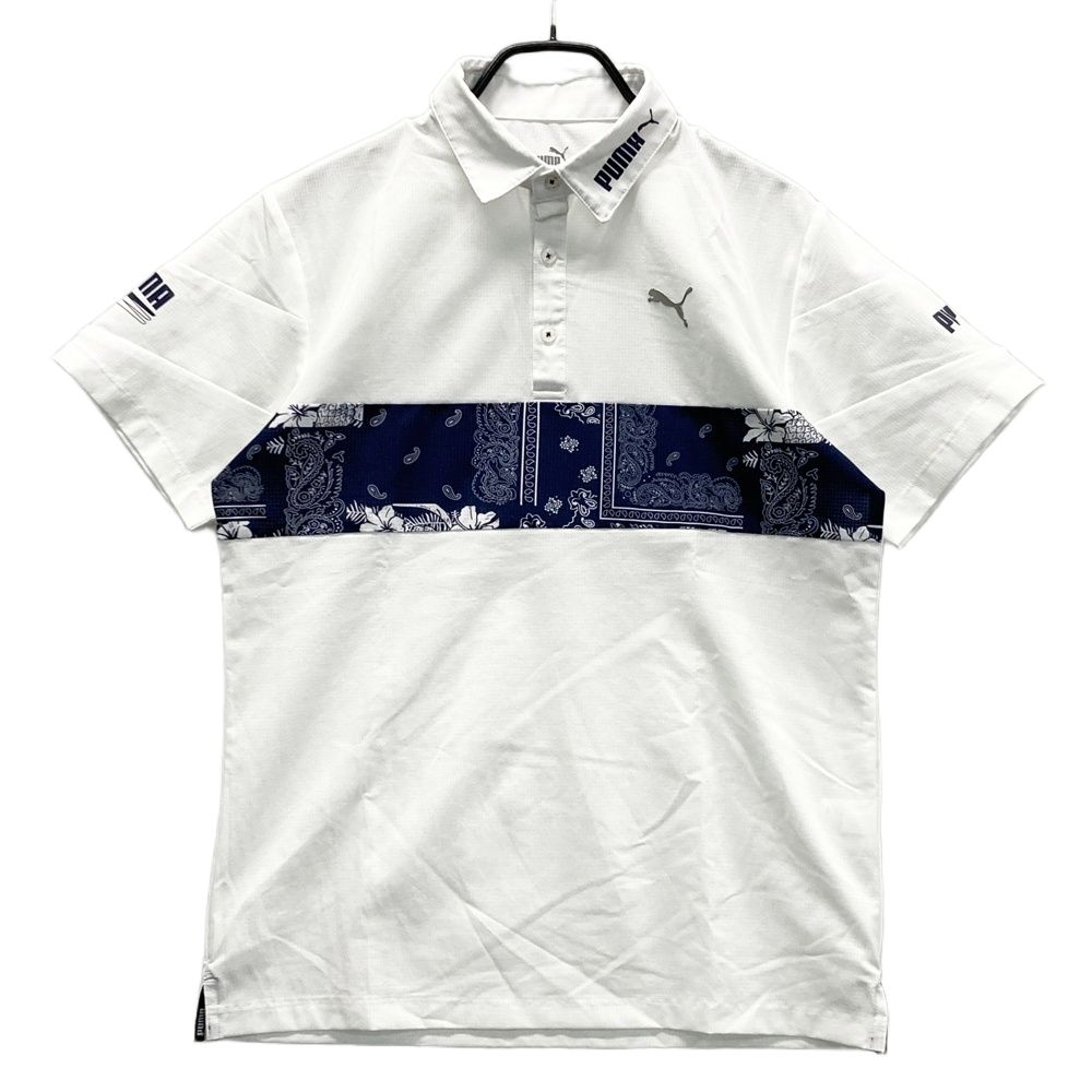 サイズ：M PUMA GOLF プーマゴルフ 半袖ポロシャツ 総柄 ホワイト系