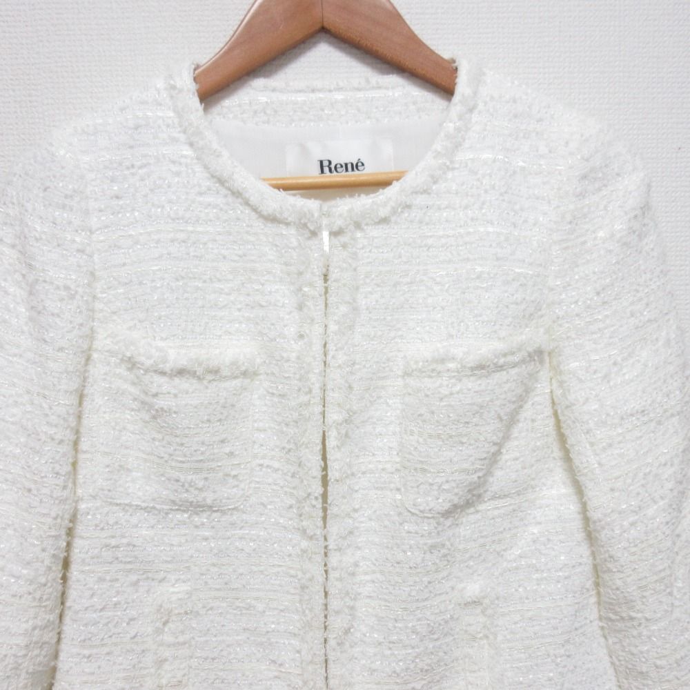 美品 Rene ルネ ツイードノーカラージャケット サイズ34 ホワイト