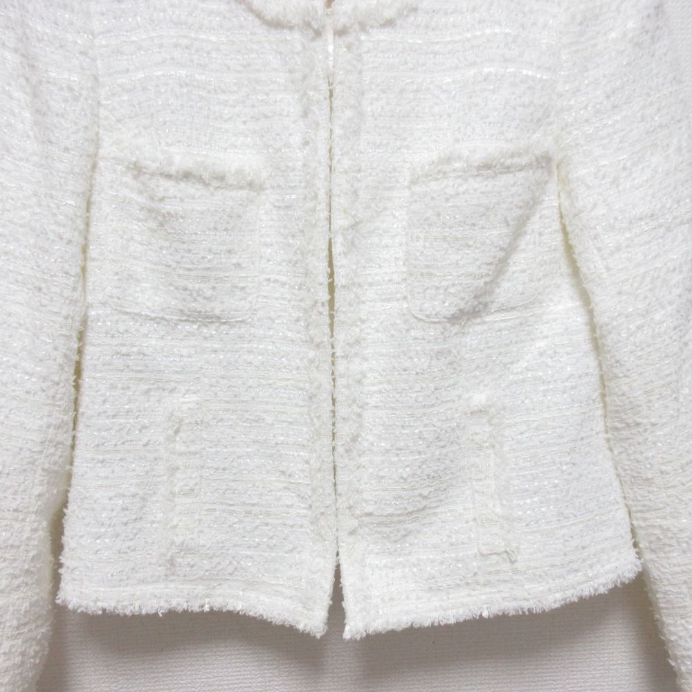 Rene ルネ ノーカラージャケット 白 ホワイト系 シルク混 34サイズ 美品 Rene ルネ ツイードノーカラージャケット サイズ34 ホワイト