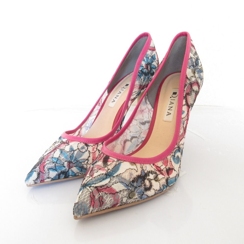 美品 DIANA ダイアナ フラワーレース ポインテッドトゥパンプス 23