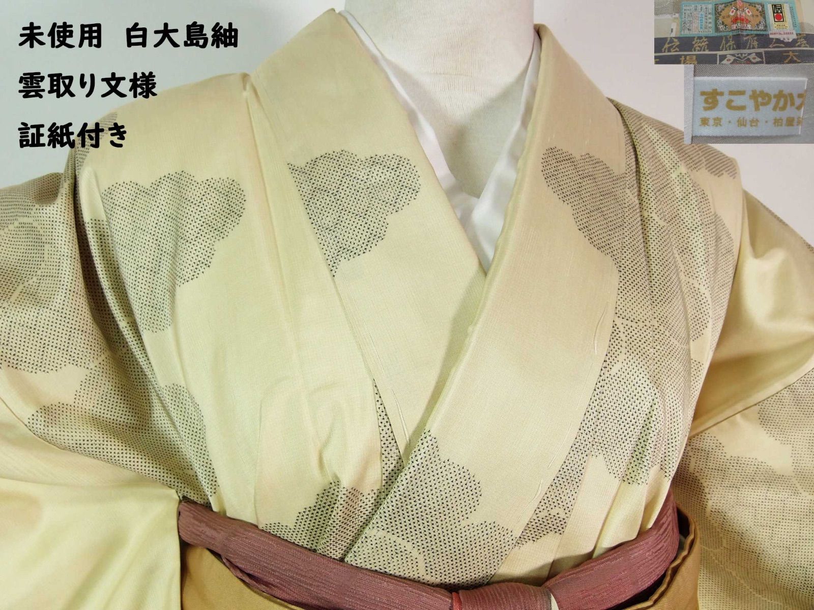 未使用】証紙付き白大島紬＊片ス式7マルキ＊雲取り文様＊生成色系