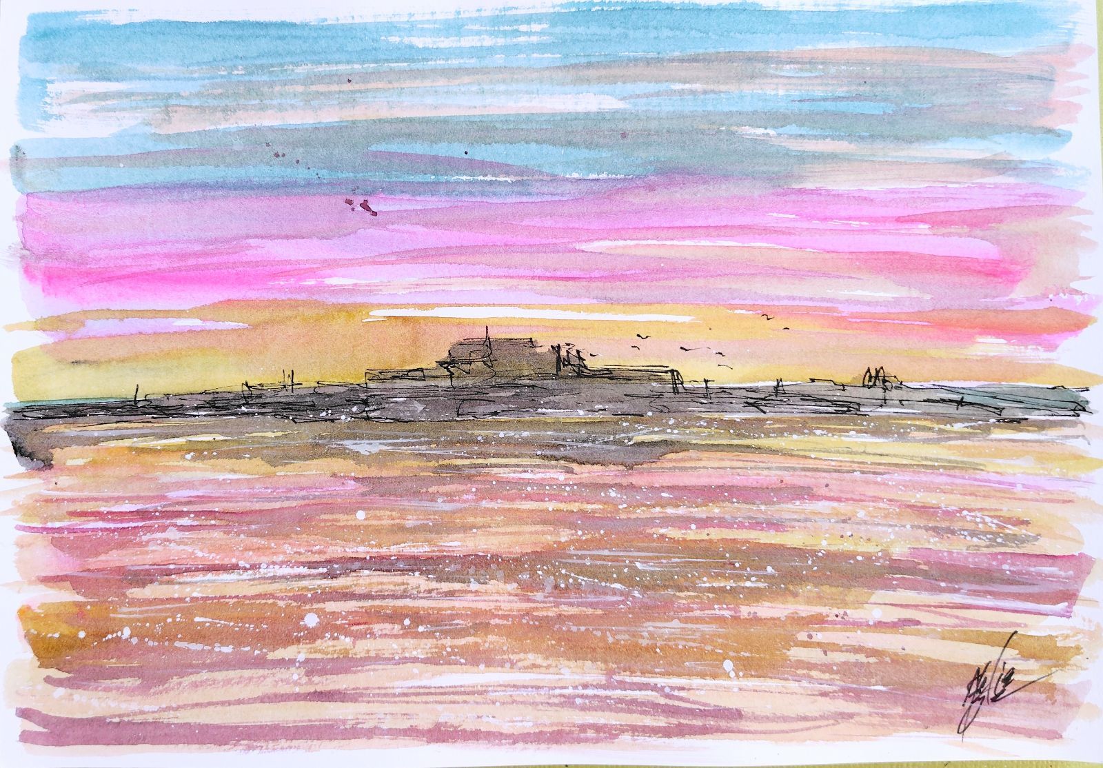 原画#299 マルタ共和国 夕暮れ 風景画 水彩画 ドローイング インテリア