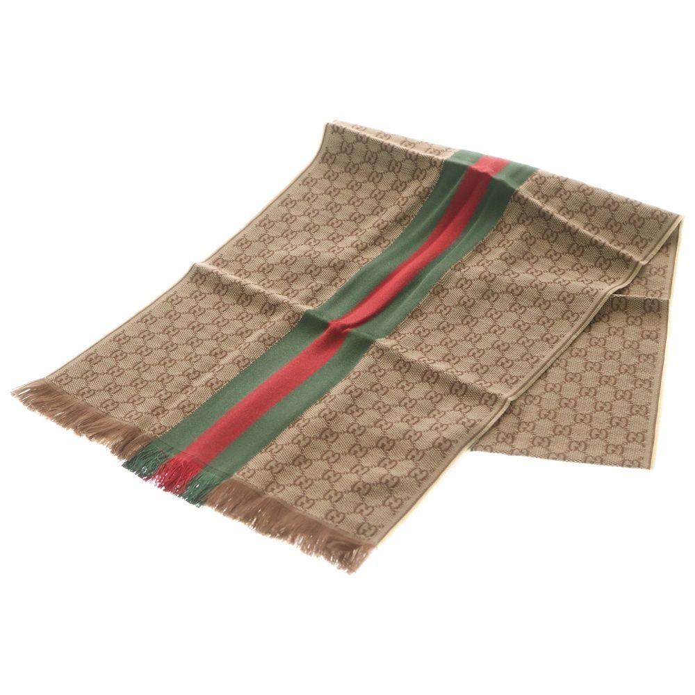 【王道】GUCCI GGパターン シルク混マフラー シェリーライン 黒 緑 赤 GUCCI (グッチ) GG柄 シェリーライン シルク混 ウールストール