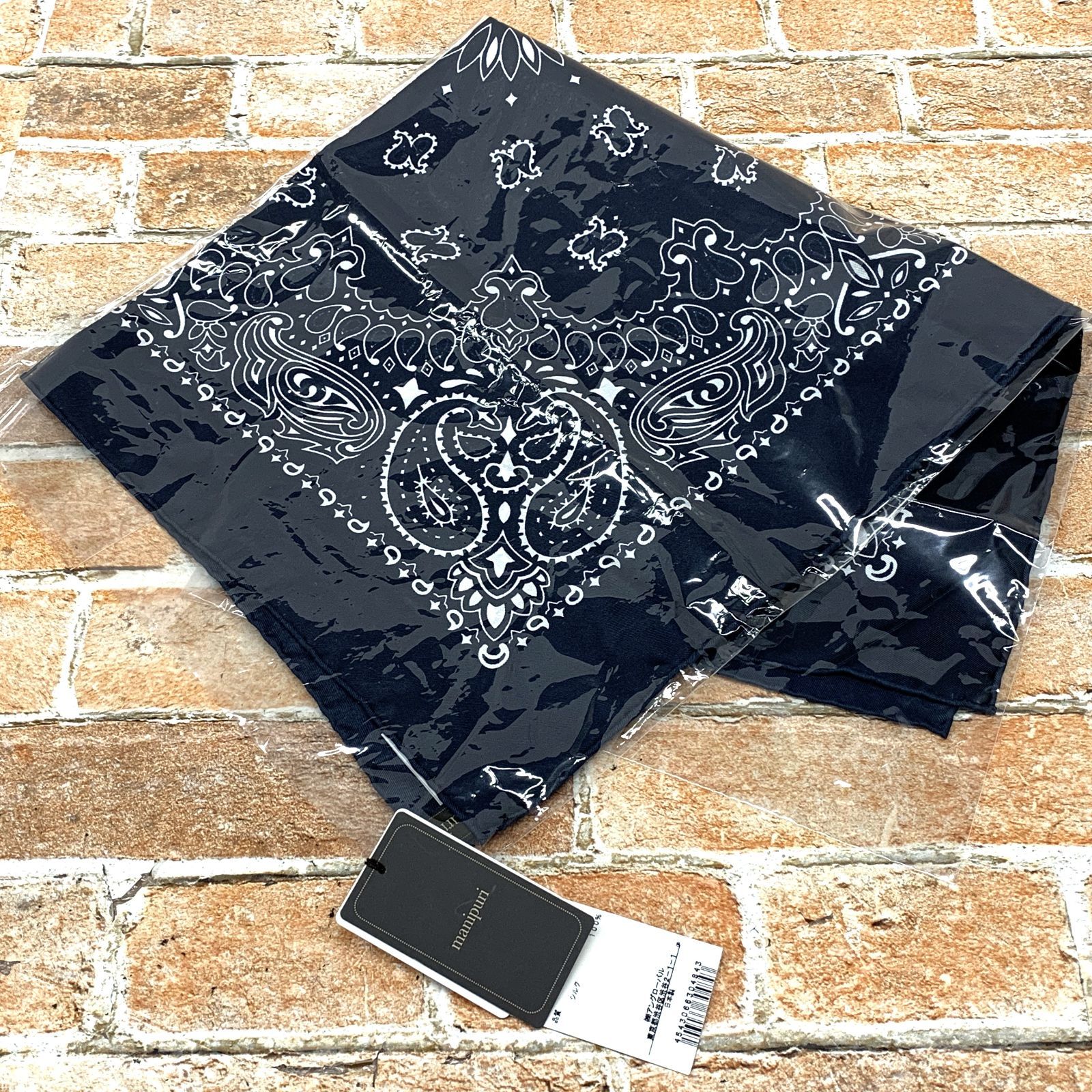 未使用品 manipuri マニプリ スカーフ ペイズリー柄 ネイビー シルク