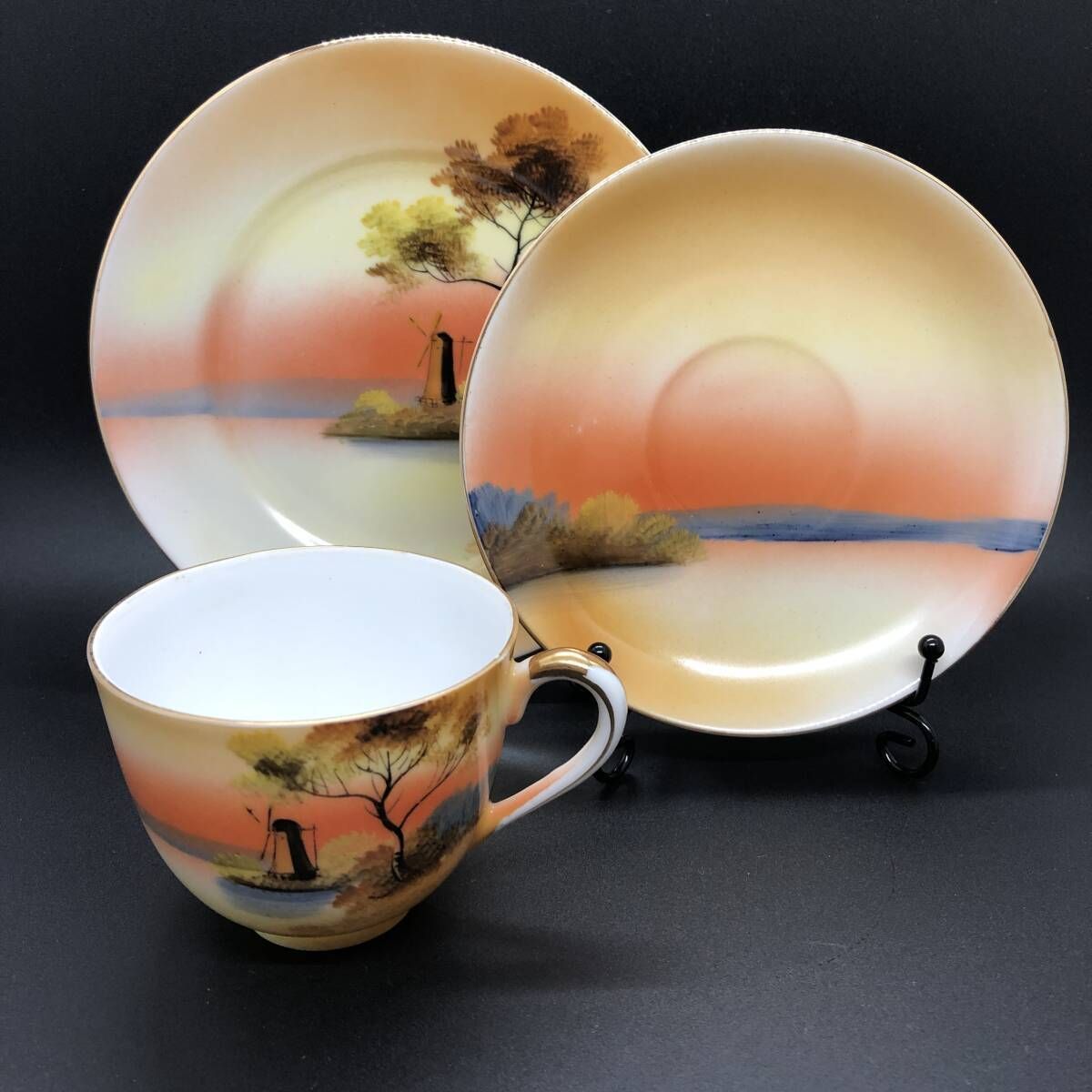 オールドノリタケ 夕暮 湖畔風景 キャビネットトリオ マルキ印 芸術的